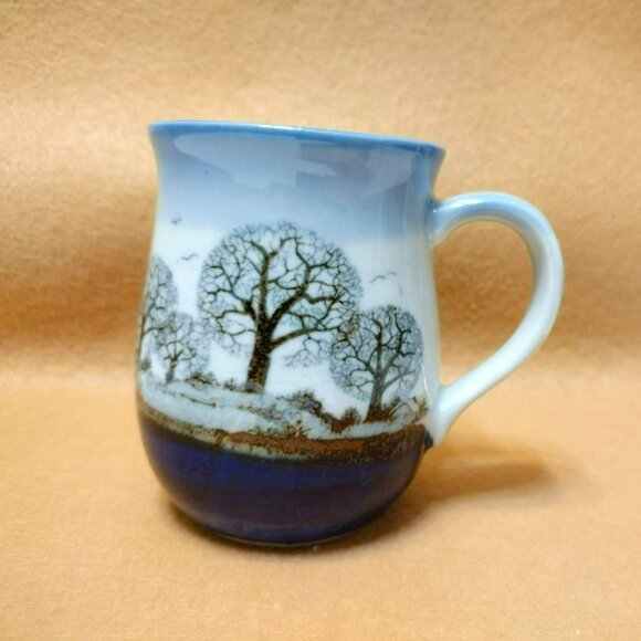 Other - Handcrafted Ceramic Mug With Winter Tree Scene, Otagiri Stoneware Style Blue